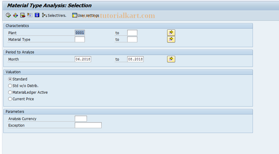 SAP TCode MCBO - INVCO: Mat.Type Analysis Selection