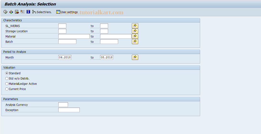 SAP TCode MCBR - INVCO: Batch Analysis Selection