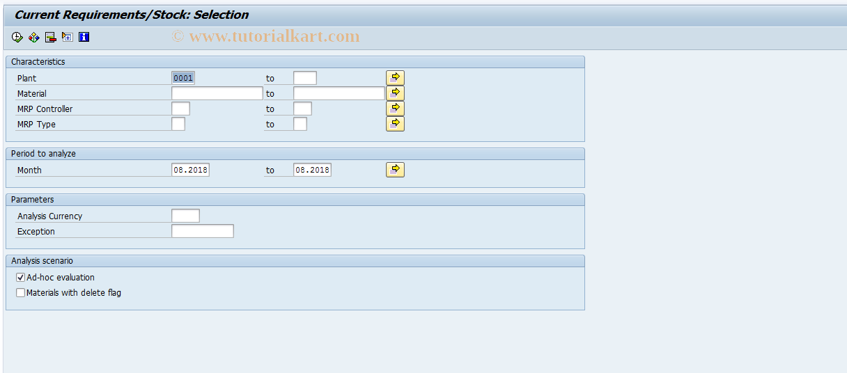 SAP TCode MCBZ - INVCO: Stck/Reqt Analysis Selection