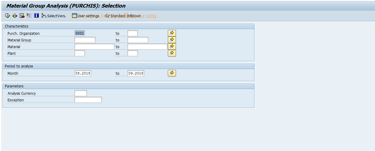 SAP TCode MCE5 - PURCHIS: MatGroup  Analysis Selection
