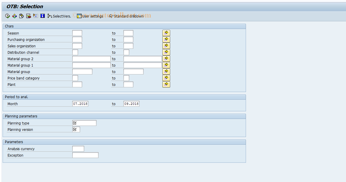 SAP TCode MCO1 - RIS: OTB - Selection