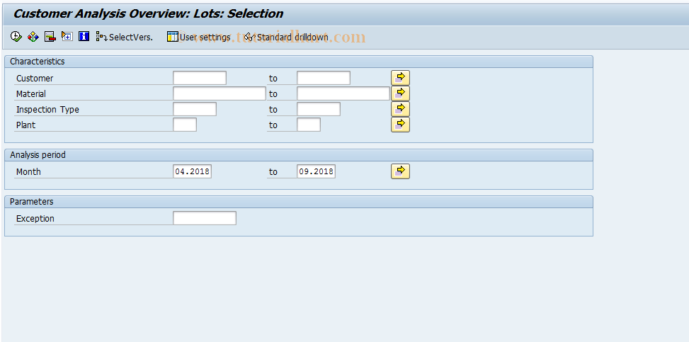 SAP TCode MCOA - QMIS: Customer analysis, Lot overview