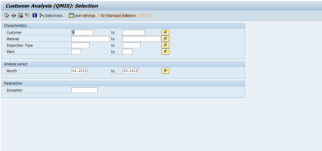 SAP TCode MCOO - QMIS: Customer analysis - inspection lots