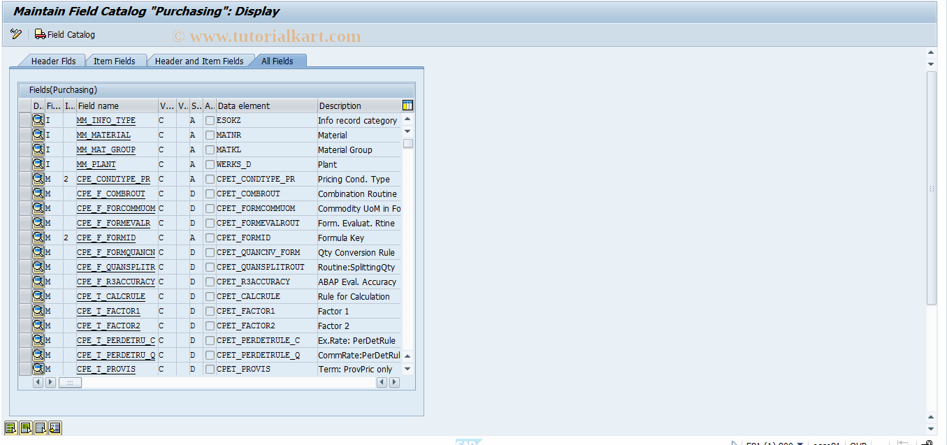 SAP TCode MCPE_FA_FC - MM Field Catalog