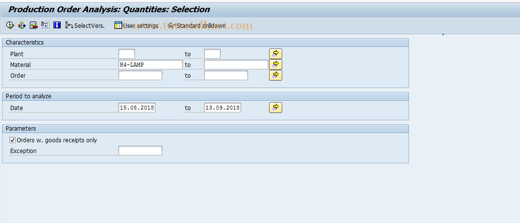 SAP TCode MCPM - Production order anal.: Quantities