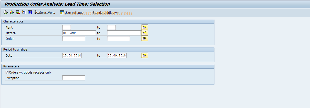 SAP TCode MCPU - Production Order Analysis: Lead Time