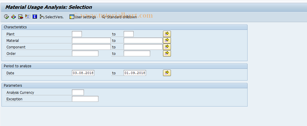 SAP TCode MCRE - Material Usage Analysis: Selection