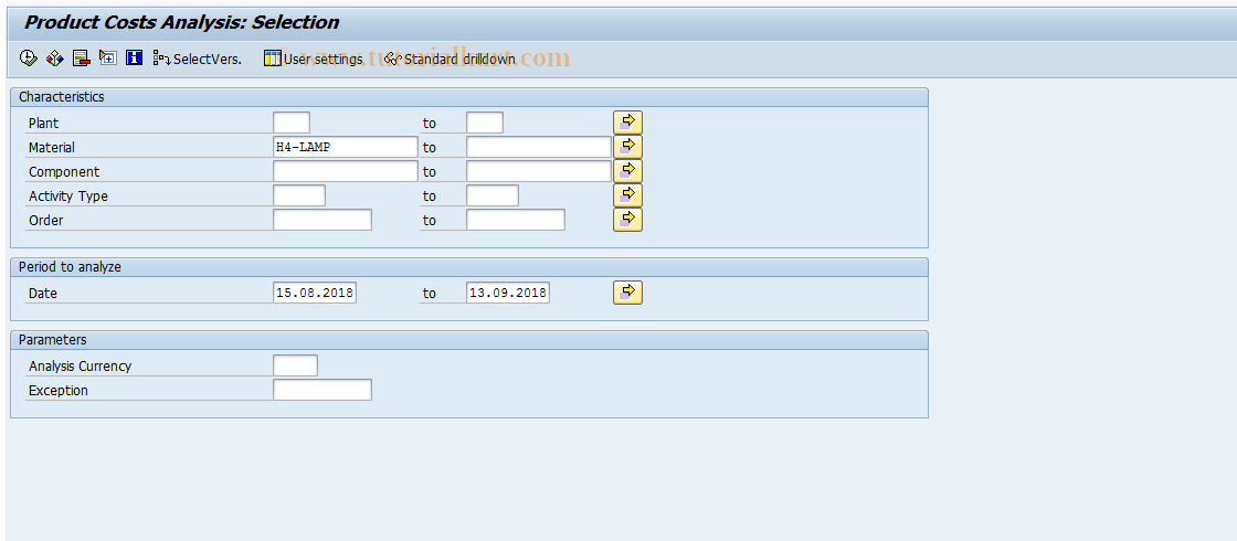 SAP TCode MCRI - Product Cost Analysis: Selection