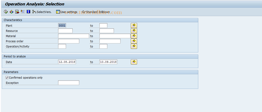 SAP TCode MCRU - PP-PI: Operation Analysis Selection