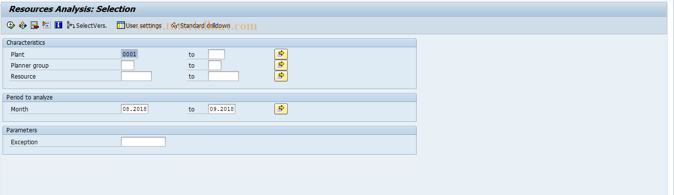 SAP TCode MCRW - PP-PI: Resources Selection