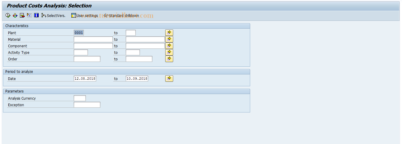 SAP TCode MCRY - PP-PI: Product Cost Analysis