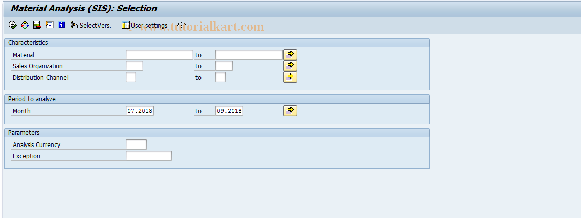 SAP TCode MCTC - SIS: Material Analysis - Selection