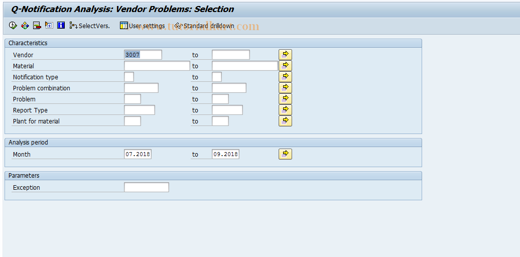SAP TCode MCVP - QMIS: vendor analysis items Q notif.
