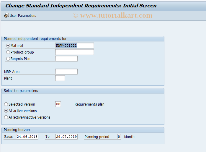 SAP TCode MD65 - Change Standard Independent Requirements
