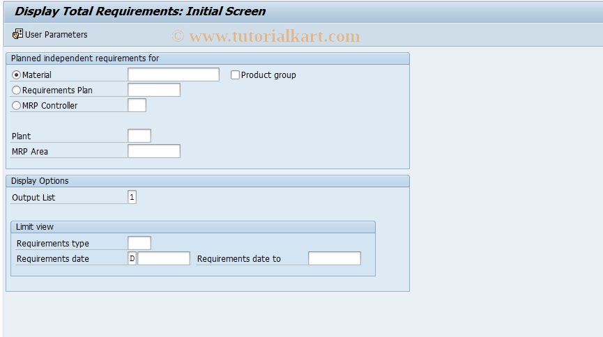 SAP TCode MD73 - Display Total Independent Requirements