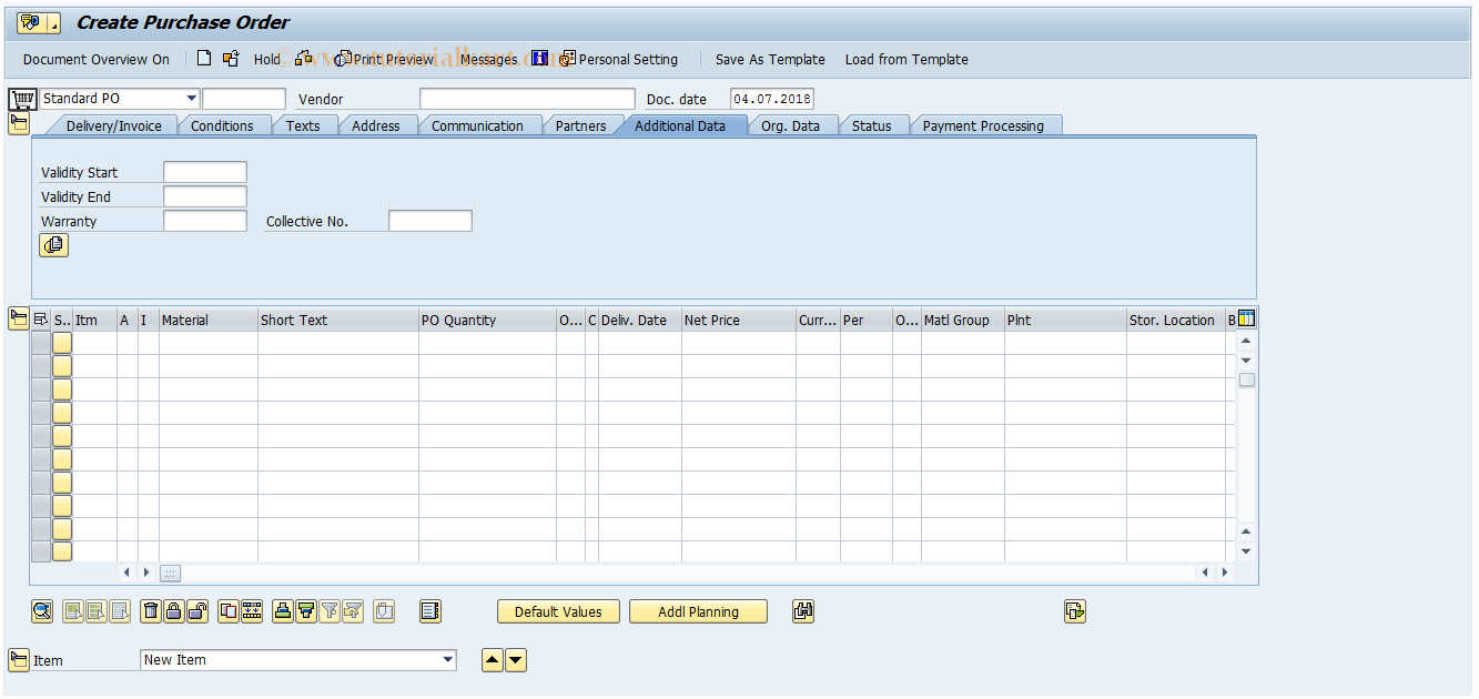SAP TCode ME21N - Create Purchase Order