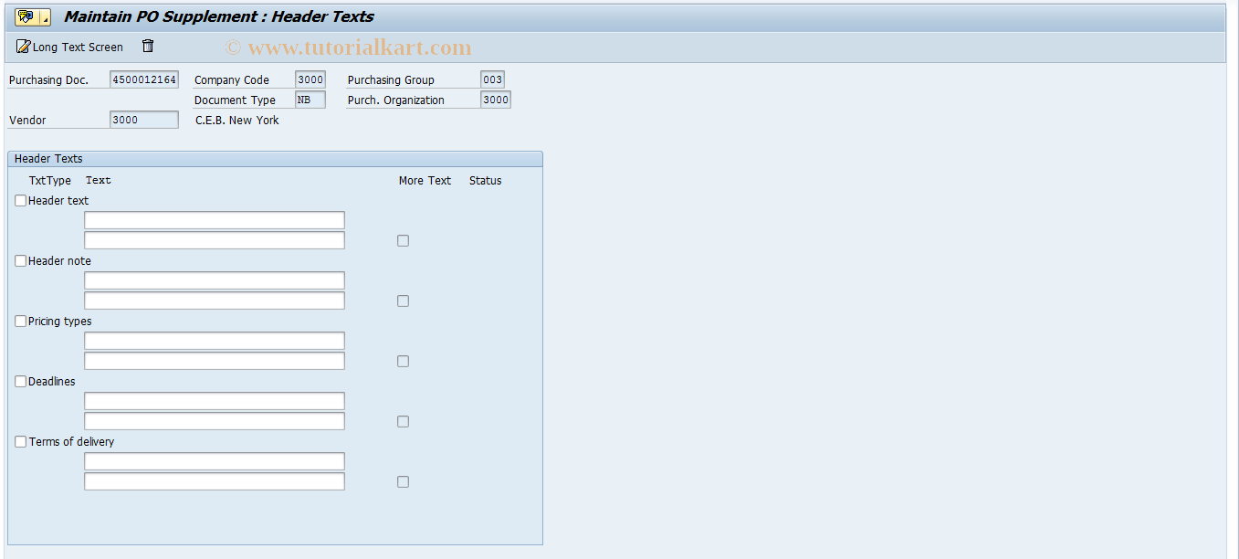 SAP TCode ME24 - Maintain Purchase Order Supplement