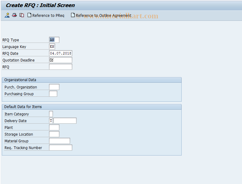 SAP TCode ME41 - Create Request For Quotation