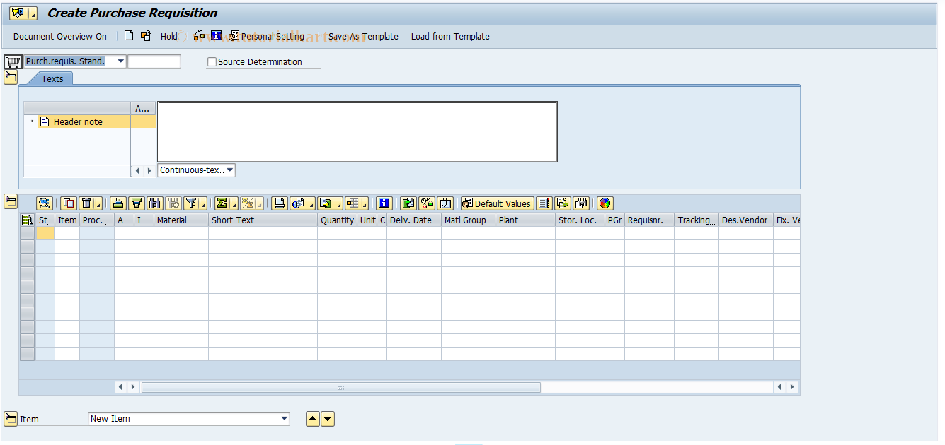 SAP TCode ME51N - Create Purchase Requisition