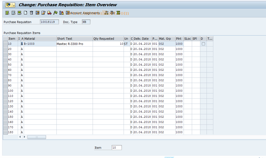 SAP TCode ME52 - Change Purchase Requisition