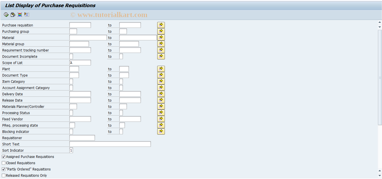 SAP TCode ME5A - Purchase Requisitions: List Display