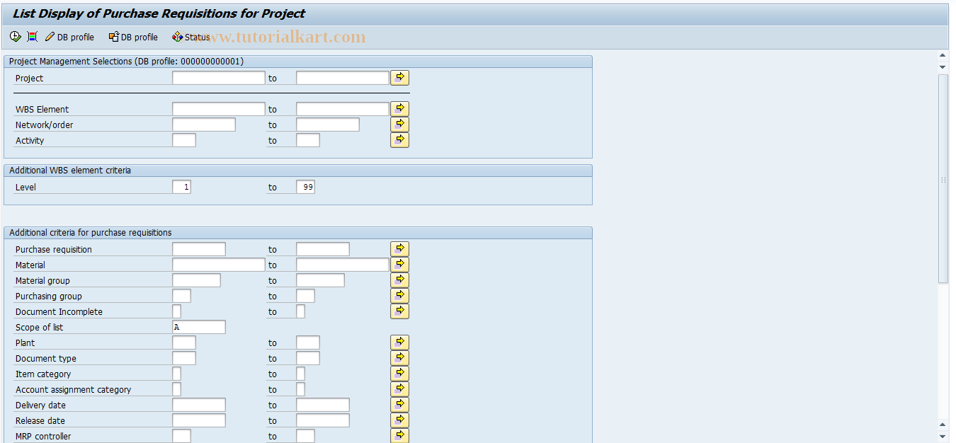 SAP TCode ME5J - Purchase Requisitions for Project