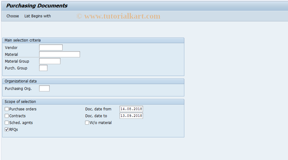 SAP TCode ME80A - Purchasing Reporting: RFQs