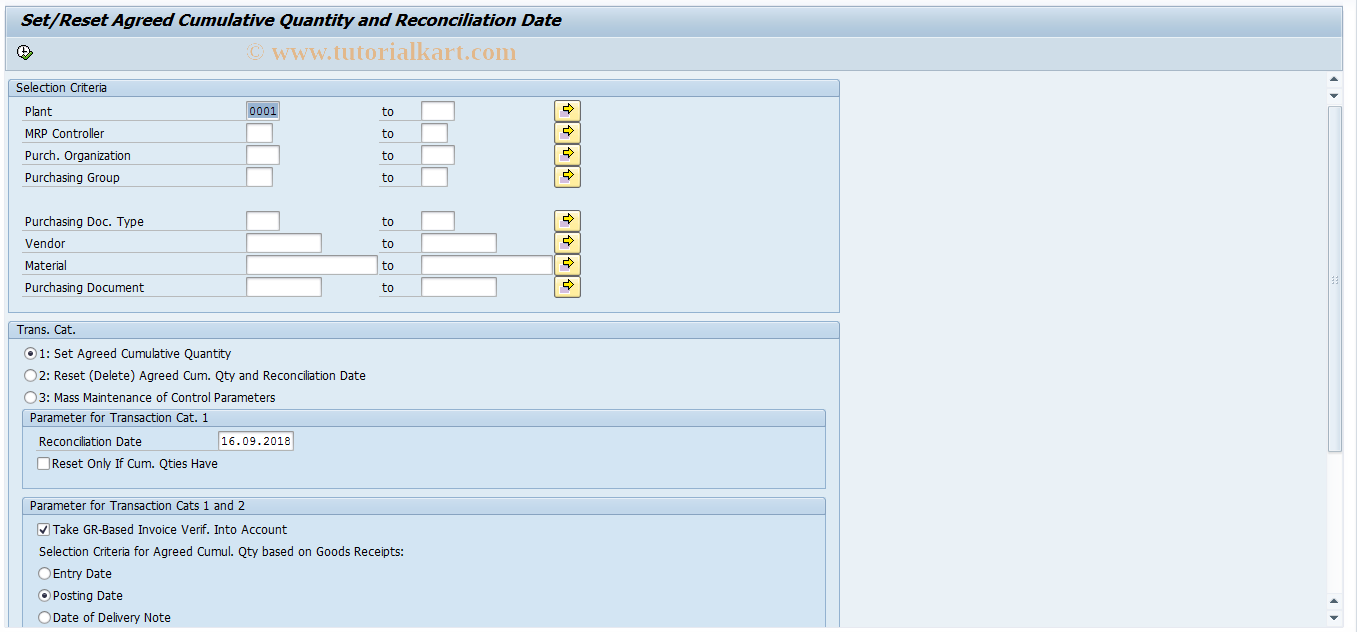 SAP TCode ME88 - Set Agr. Cum. Qty./Reconcil. Date