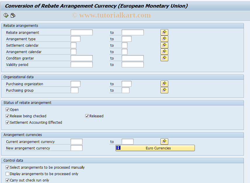 SAP TCode MEBG - Chg. Curr. (Euro), Vend. Reb. Arrs.