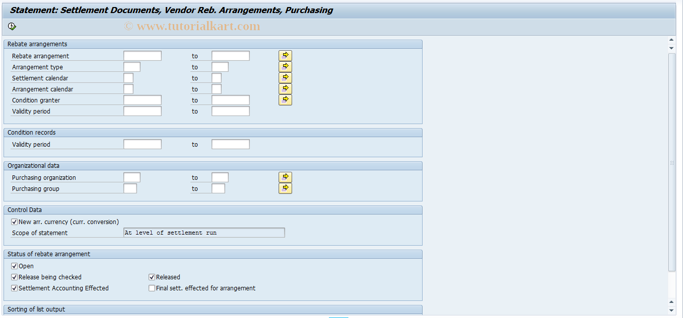 SAP TCode MEBS - Stmnt. Sett. Documents , Vend. Reb. Arrs.