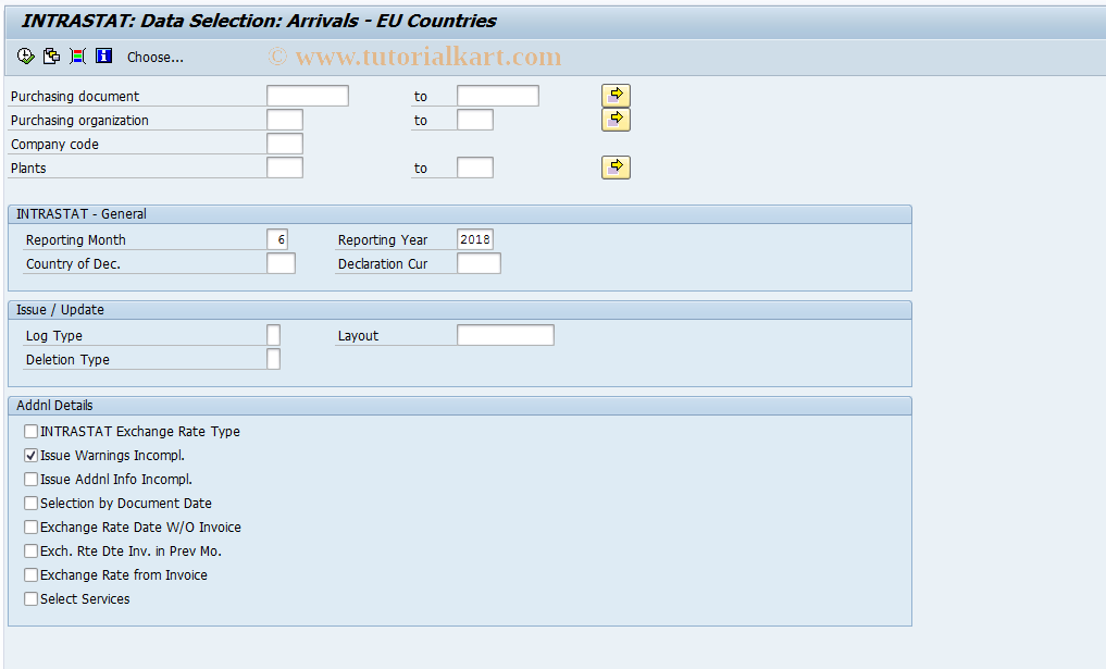 SAP TCode MEIS - Data Selection: Arrivals