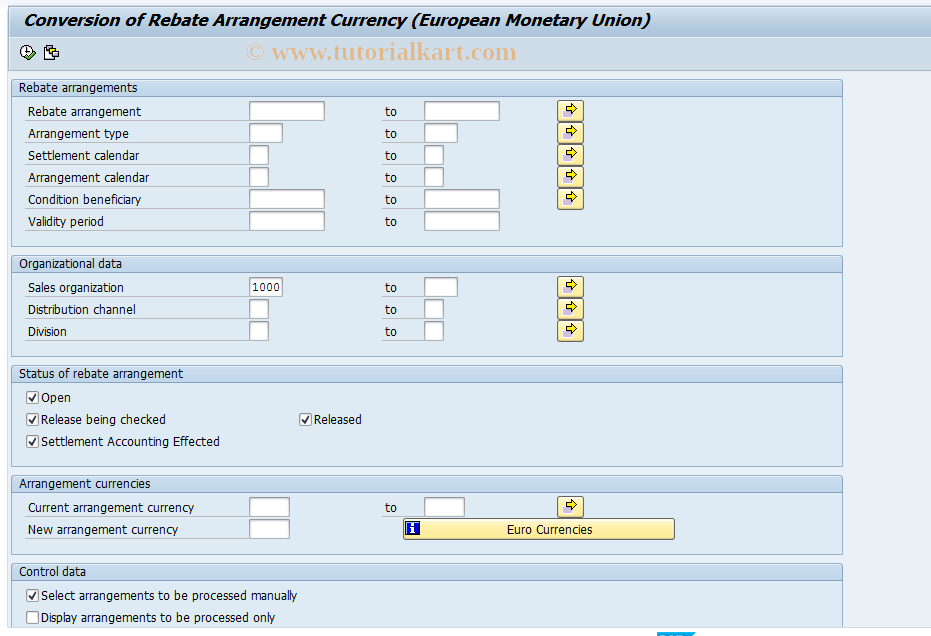 SAP TCode MERG - Change Curr. (Euro) Customer  Reb. Arrs.
