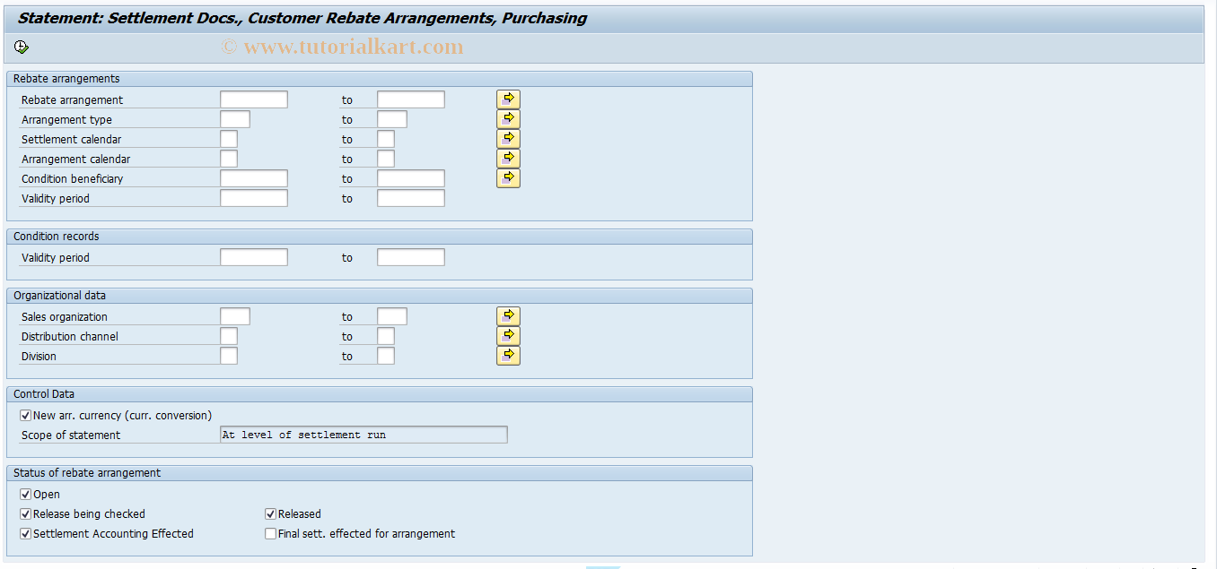 SAP TCode MERS - Stmnt. Sett. Documents  Customer  Reb. Arrs.