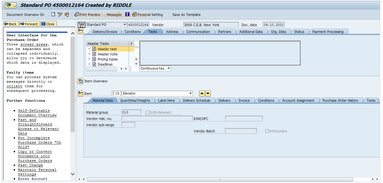 SAP TCode MEX3 - Display Purchasing Document