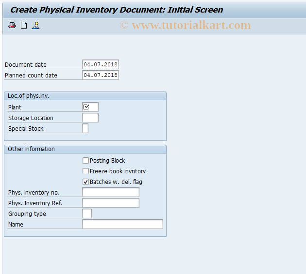 SAP TCode MI01 - Create Physical Inventory Document