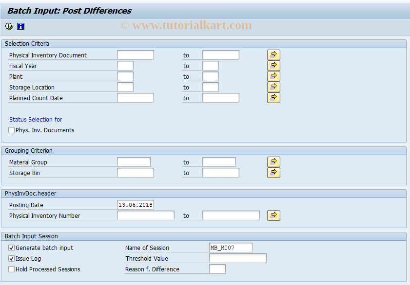 SAP TCode MI37 - Batch Input: Post Differences