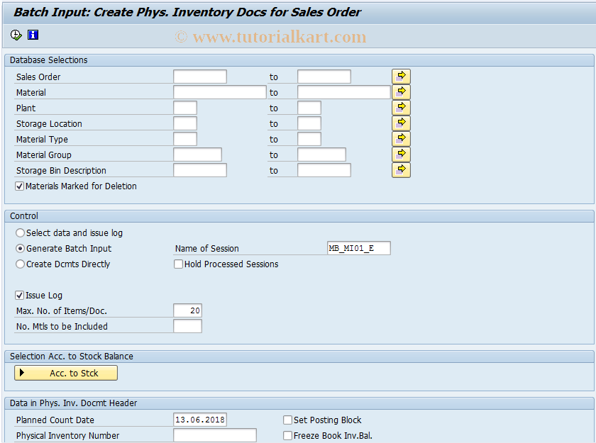 SAP TCode MIE1 - Batch Input: Phys.Invoice Document  Sales Ord