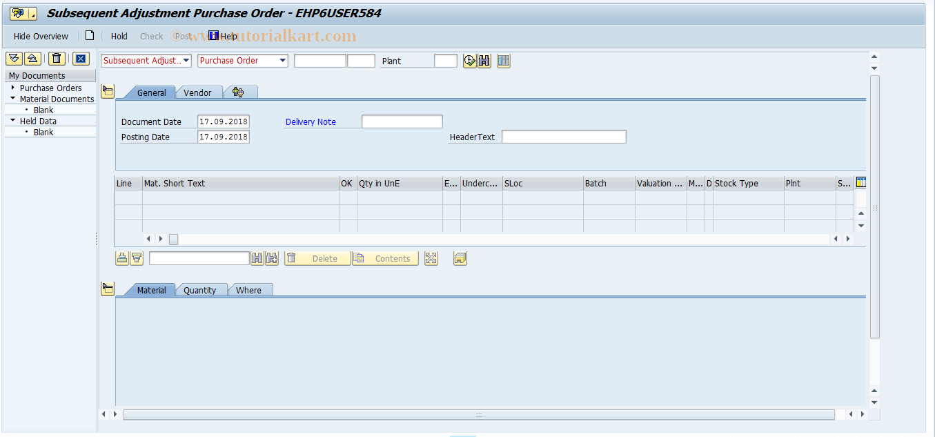 SAP TCode MIGO_GS - Subseq. Adjust. of Material Provided