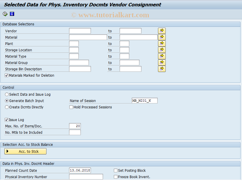 SAP TCode MIK1 - Batch Input: Ph.Invoice Document Vendor Cons.