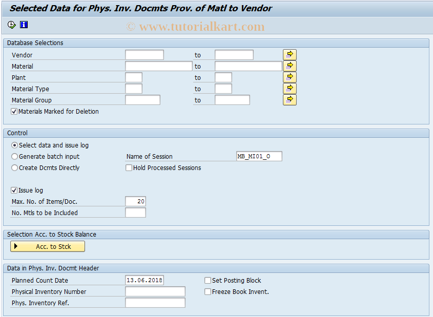 SAP TCode MIO1 - Batch Input: Ph.Invoice Document :Stck w.Subc