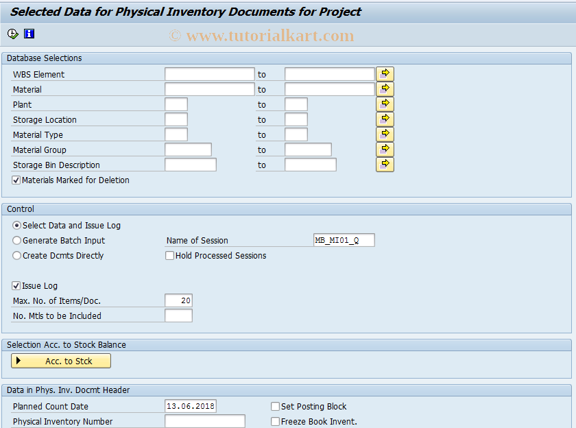 SAP TCode MIQ1 - Batch Input: PhInvDocument  Project Stock