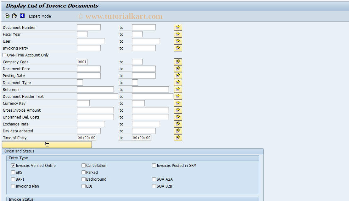 SAP TCode MIR5 - Display List of Invoice Documents