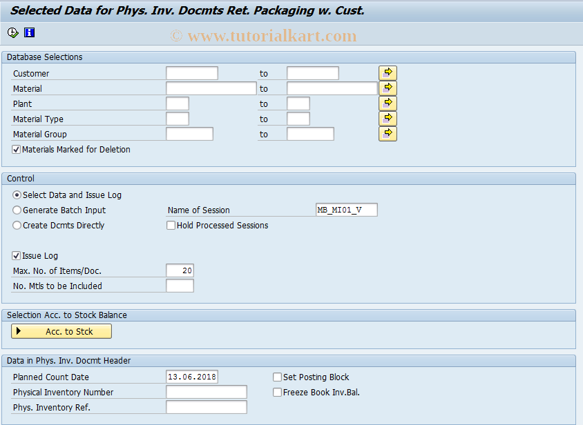 SAP TCode MIV1 - Batch I.:PhInDoc f.Ret.Pack.at Customer 
