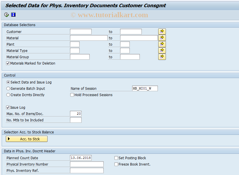 SAP TCode MIW1 - Batch I.;PhInDoc f. Consigt at Customer 