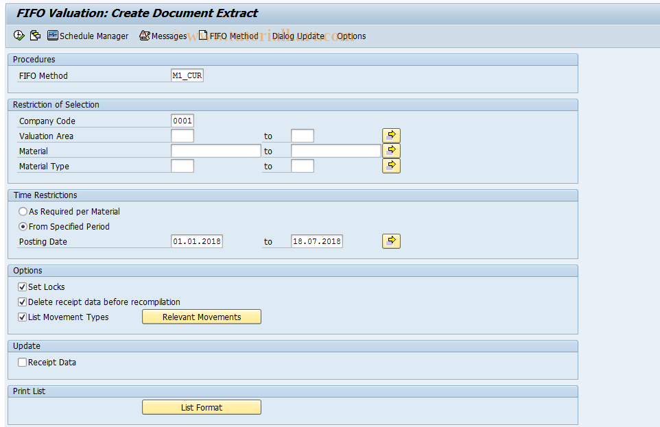 SAP TCode MRF3 - FIFO Valuation: Create Document  Extract