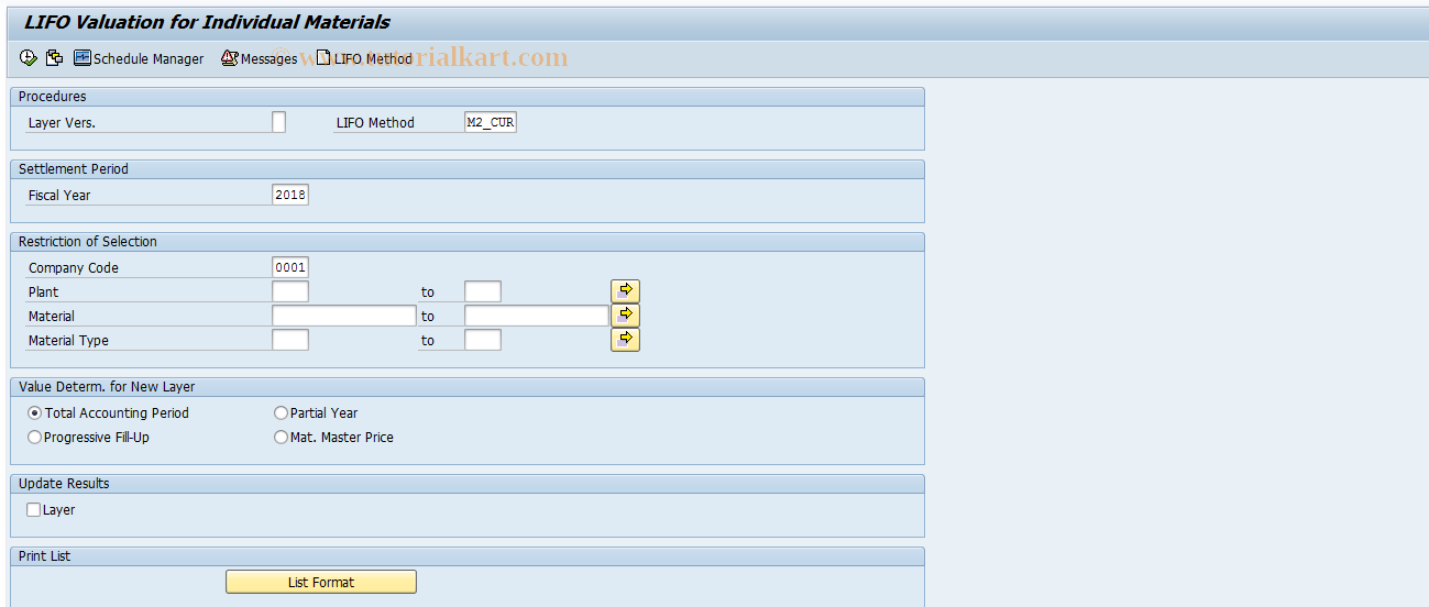 SAP TCode MRL1 - Perform LIFO Valuation: Single Matl