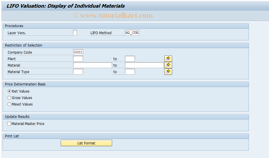 SAP TCode MRL4 - Display LIFO Valuation: Single Matl