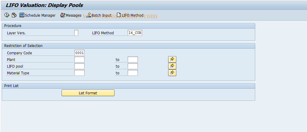 SAP TCode MRL5 - Display LIFO Valuation: Pools