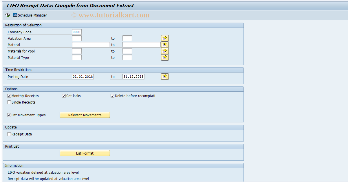 SAP TCode MRL9 - LIFO Valuation: Create Document  Extract