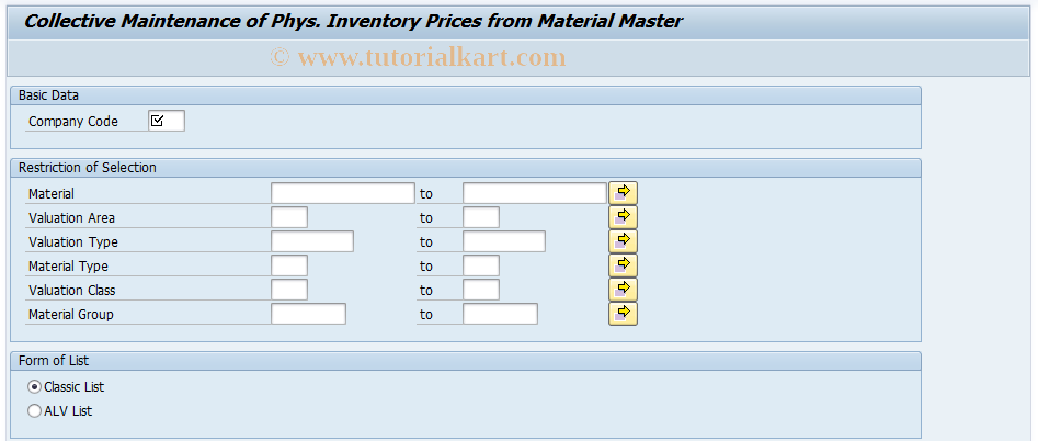 SAP TCode MRY0 -  Collective  Maintenance  of Phys. Invoice  Prices